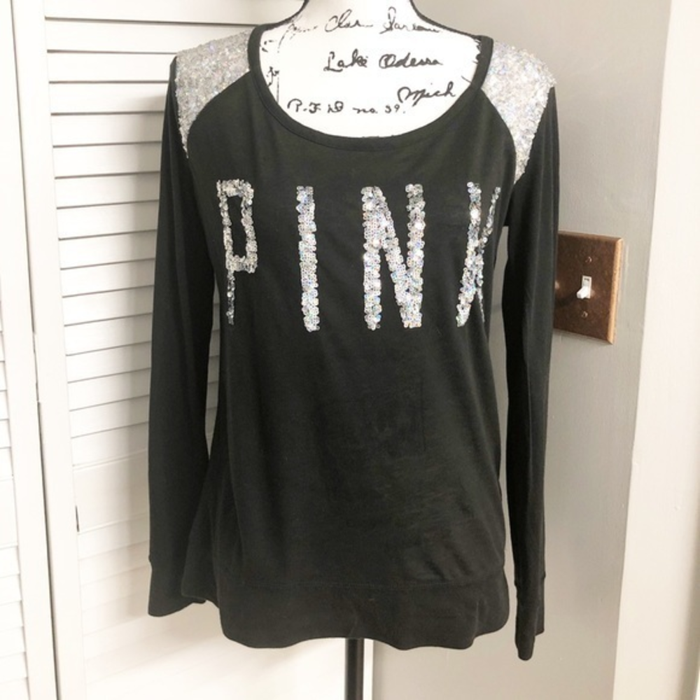 Pink XS Silver Sequin Black Long Sleeve Top XS